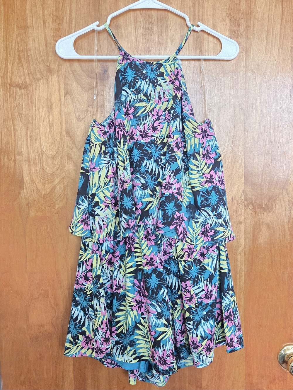 Charlotte Russe Floral Print Tiered Romper in Teal, Pink, Yellow
